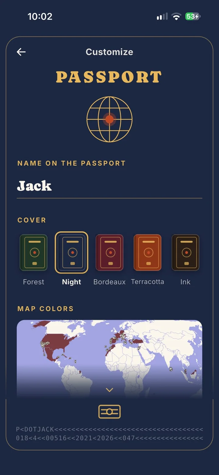 Customize the passport: name, cover and map colors